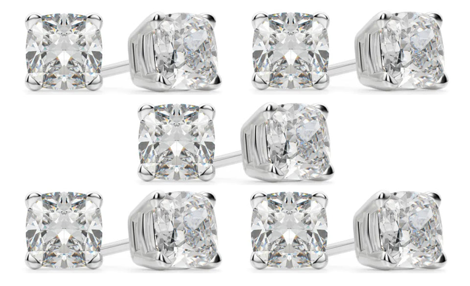 18k White Gold 6mm 1Ct Cushion Cut White Sapphire Set Of Five Stud Earrings Plated
