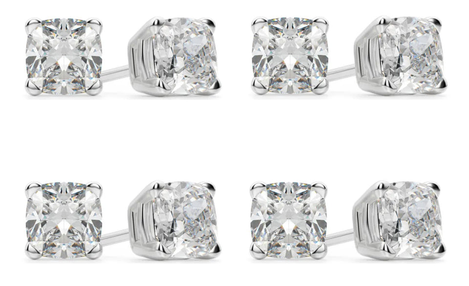 18k White Gold 6mm 4Ct Cushion Cut White Sapphire Set Of Four Stud Earrings Plated