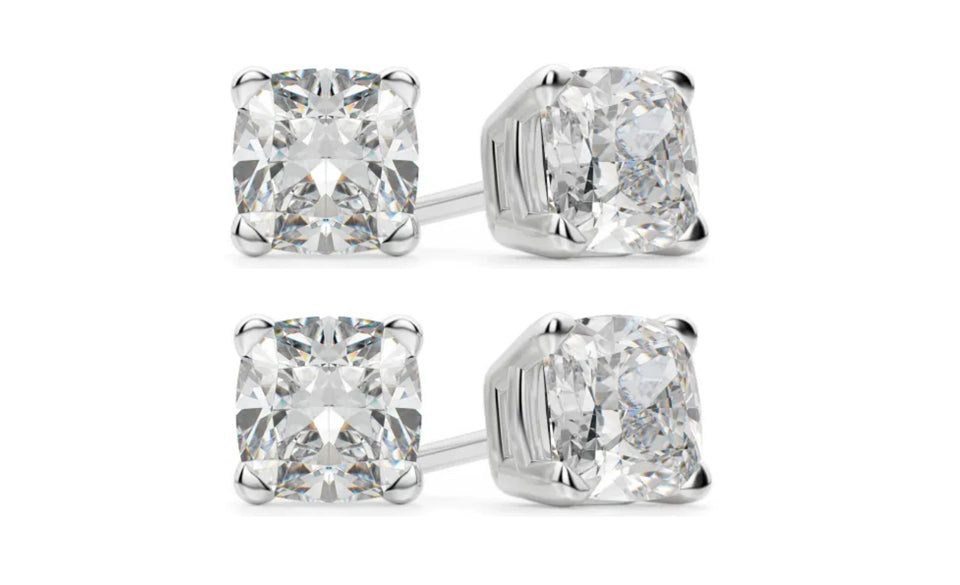 18k White Gold 4Ct Cushion Cut White Sapphire Set Of Two Stud Earrings Plated