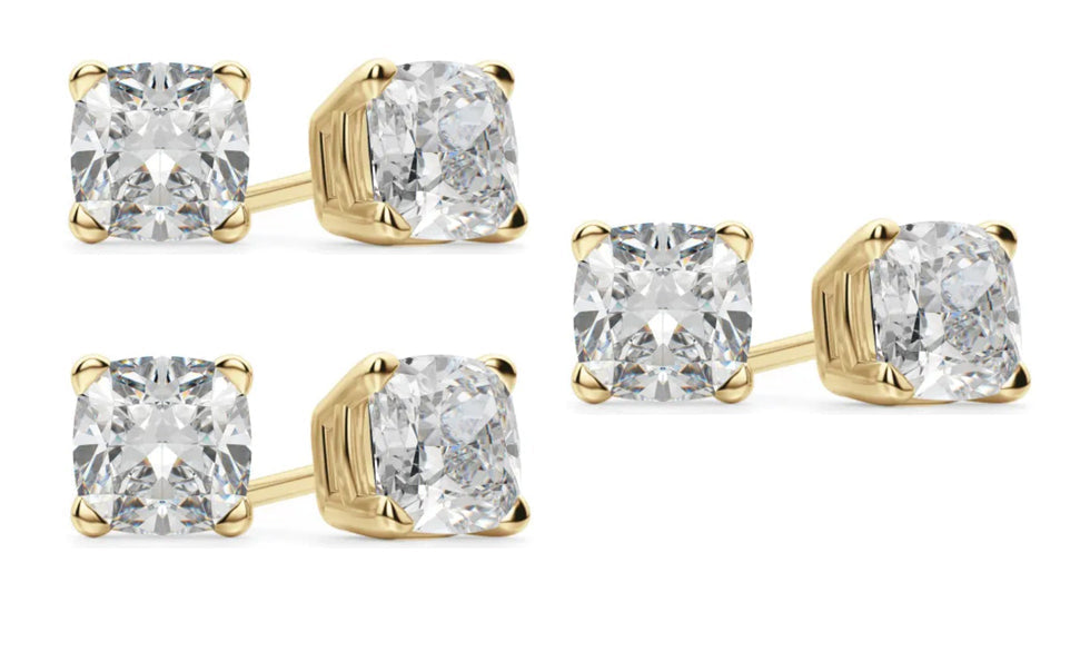 14k Yellow Gold 4Ct Cushion Cut White Sapphire Set Of Three Stud Earrings Plated
