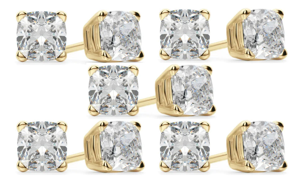 18k Yellow Gold 4mm 1/2Ct Cushion Cut White Sapphire Set Of Five Stud Earrings Plated