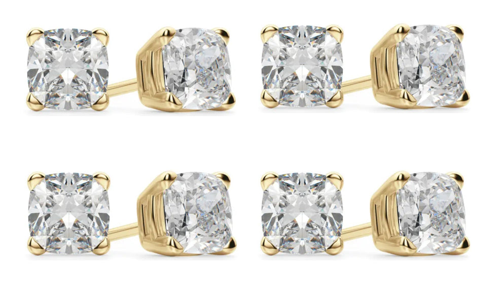 18k Yellow Gold 1Ct Cushion Cut White Sapphire Set Of Four Stud Earrings Plated