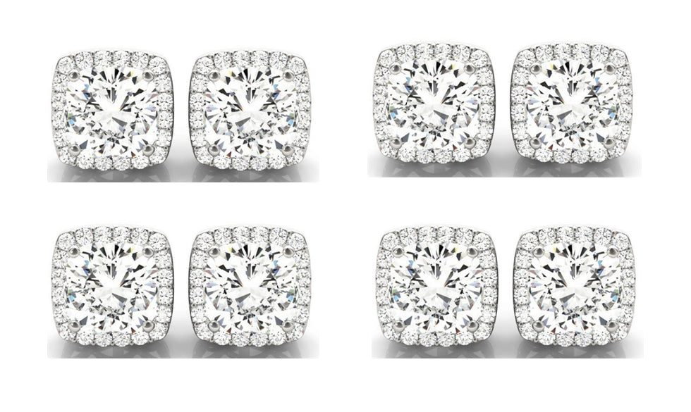 18k White Gold 4Ct Cushion Cut White Sapphire Set Of Four Halo Stud Earrings Plated