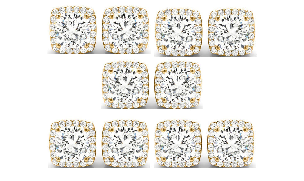 14k Yellow Gold 4mm 1Ct Cushion Cut White Sapphire Set Of Five Halo Stud Earrings Plated