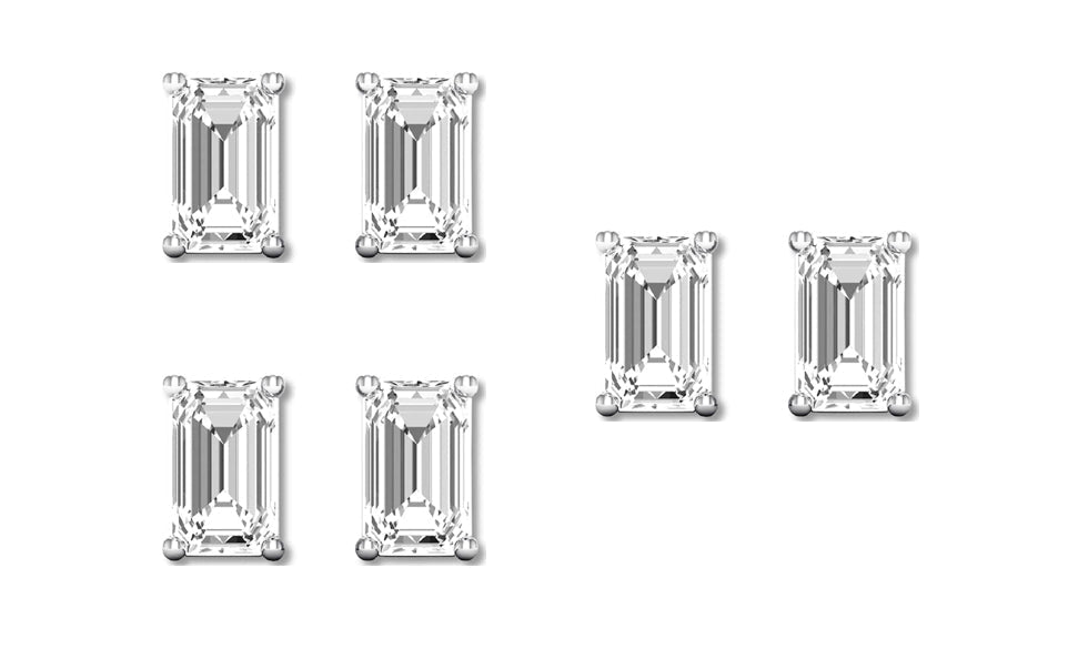 14k White Gold 4mm 1/2Ct Emerald Cut White Sapphire Set Of Three Stud Earrings Plated