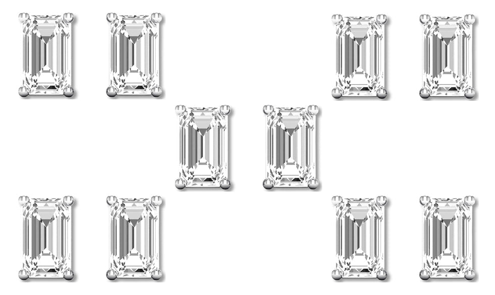 14k White Gold 1Ct Emerald Cut White Sapphire Set Of Five Stud Earrings Plated