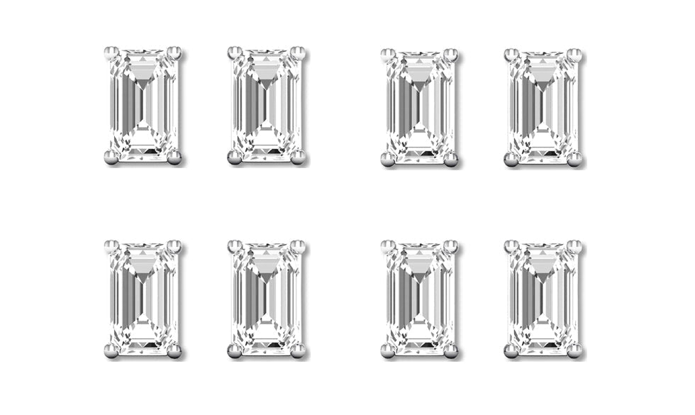 18k White Gold 2Ct Emerald Cut White Sapphire Set Of Four Stud Earrings Plated
