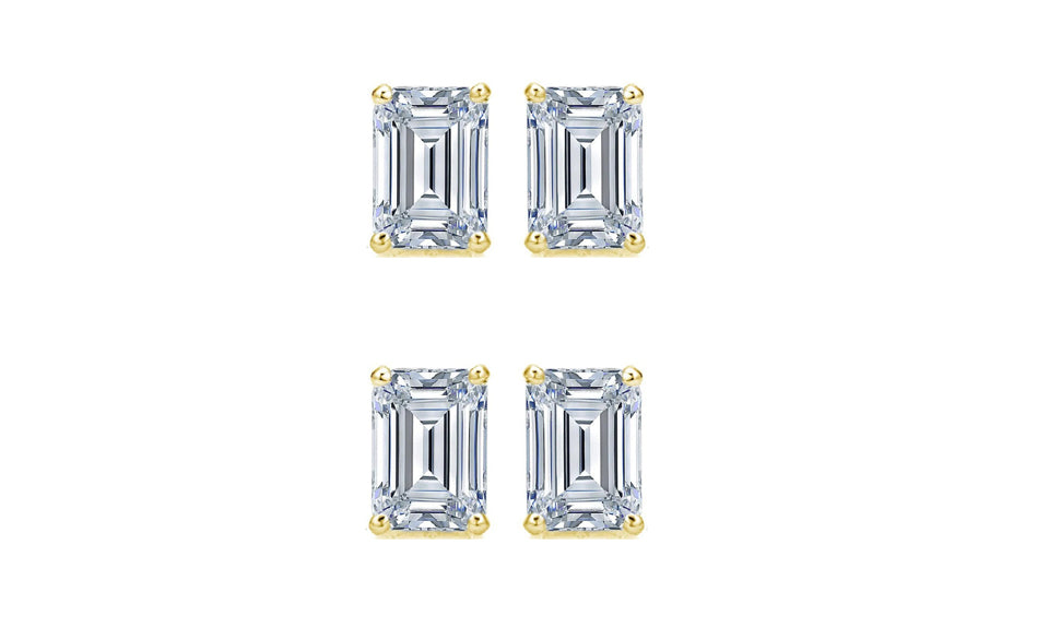 DiamondX 14k Yellow Gold 6mm 1/2Ct Emerald Cut White Sapphire Set Of Two Stud Earrings Plated