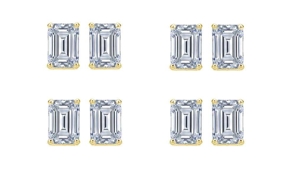 DiamondX 14k Yellow Gold 6mm 1Ct Emerald Cut White Sapphire Set Of Four Stud Earrings Plated