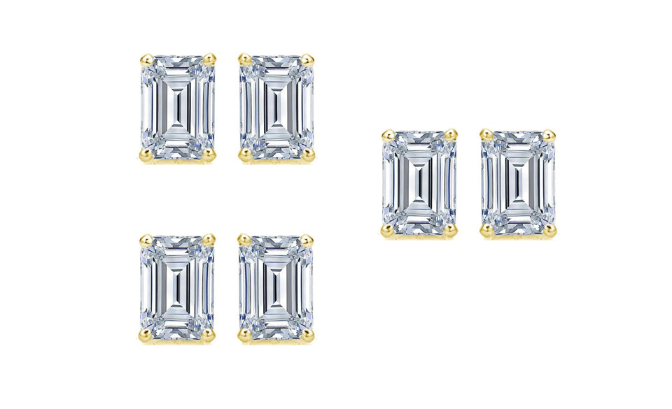 18k Yellow Gold 6mm 1/2Ct Emerald Cut White Sapphire Set Of Three Stud Earrings Plated