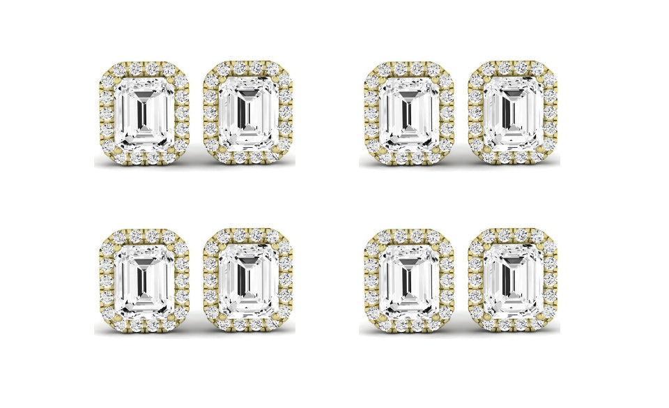 DiamondX 14k Yellow Gold 1/2Ct Emerald Cut White Sapphire Set Of Four Halo Stud Earrings Plated