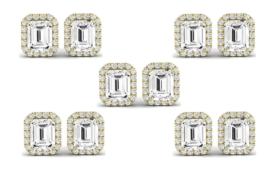 DiamondX18k Yellow Gold 1Ct Emerald Cut White Sapphire Set Of Five Halo Stud Earrings Plated