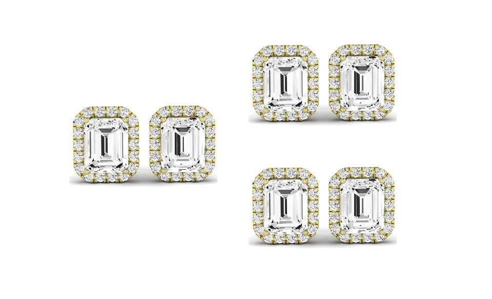 DiamondX 18k Yellow Gold 6mm 1/2Ct Emerald Cut White Sapphire Set Of Two Halo Stud Earrings Plated18k Yellow Gold 6mm 2Ct Emerald Cut White Sapphire Set Of Three Halo Stud Earrings Plated