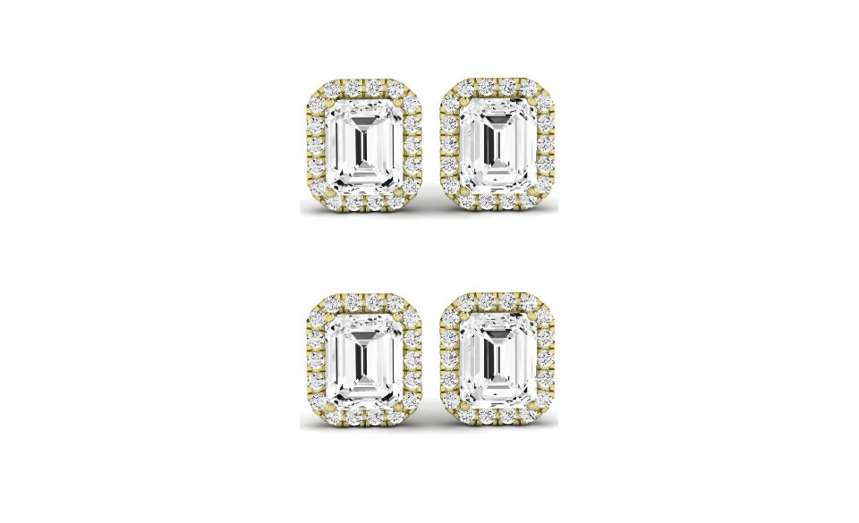 DiamondX 18k Yellow Gold 1Ct Emerald Cut White Sapphire Set Of Two Halo Stud Earrings Plated