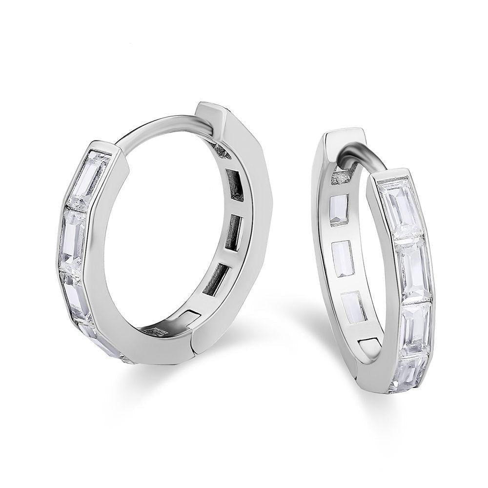 DiamondX 18K White Gold Created White Sapphire 3Ct Emerald Cut Huggie Hoop Earrings Plated