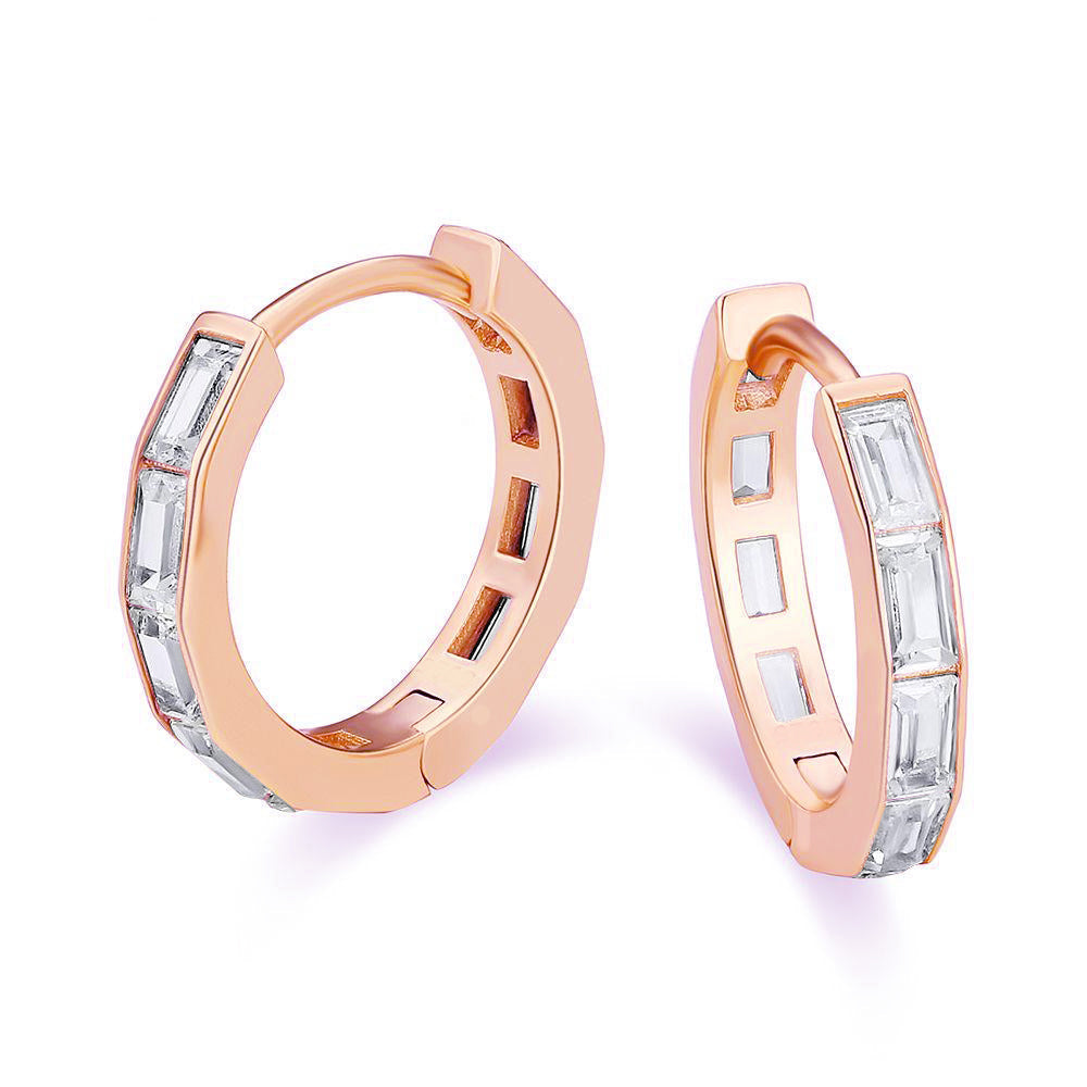 DiamondX 18K Rose Gold Created White Sapphire 3Ct Emerald Cut Huggie Hoop Earrings Plated
