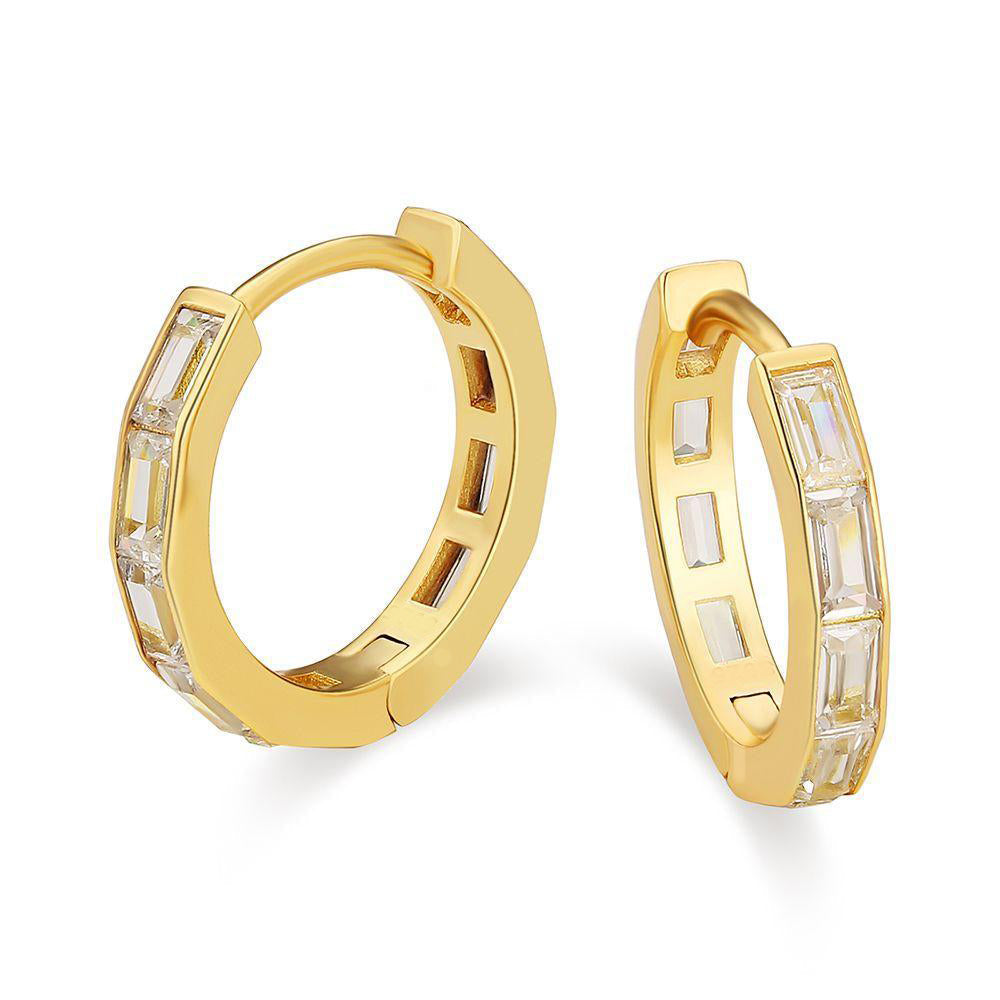 DiamondX 18K Yellow Gold Created White Sapphire 3Ct Emerald Cut Huggie Hoop Earrings Plated