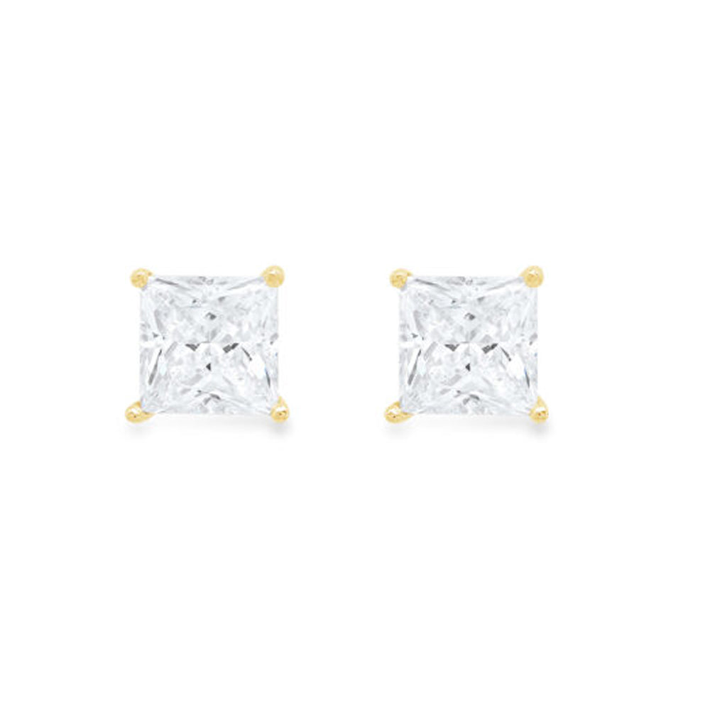 14k Yellow Gold Push Back Princess Created White Sapphire Stud Earrings 3mm