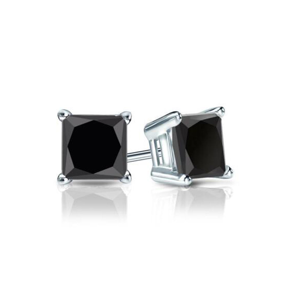 DiamondX 14k White Gold Push Back Princess Created Black Sapphire Stud Earrings 3mm