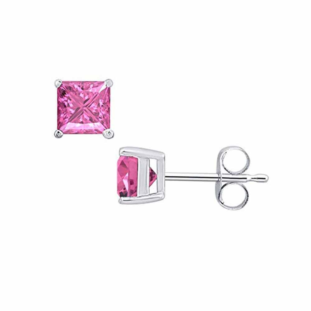 DiamondX 14k White Gold Push Back Princess Created Pink Sapphire Stud Earrings 3MM