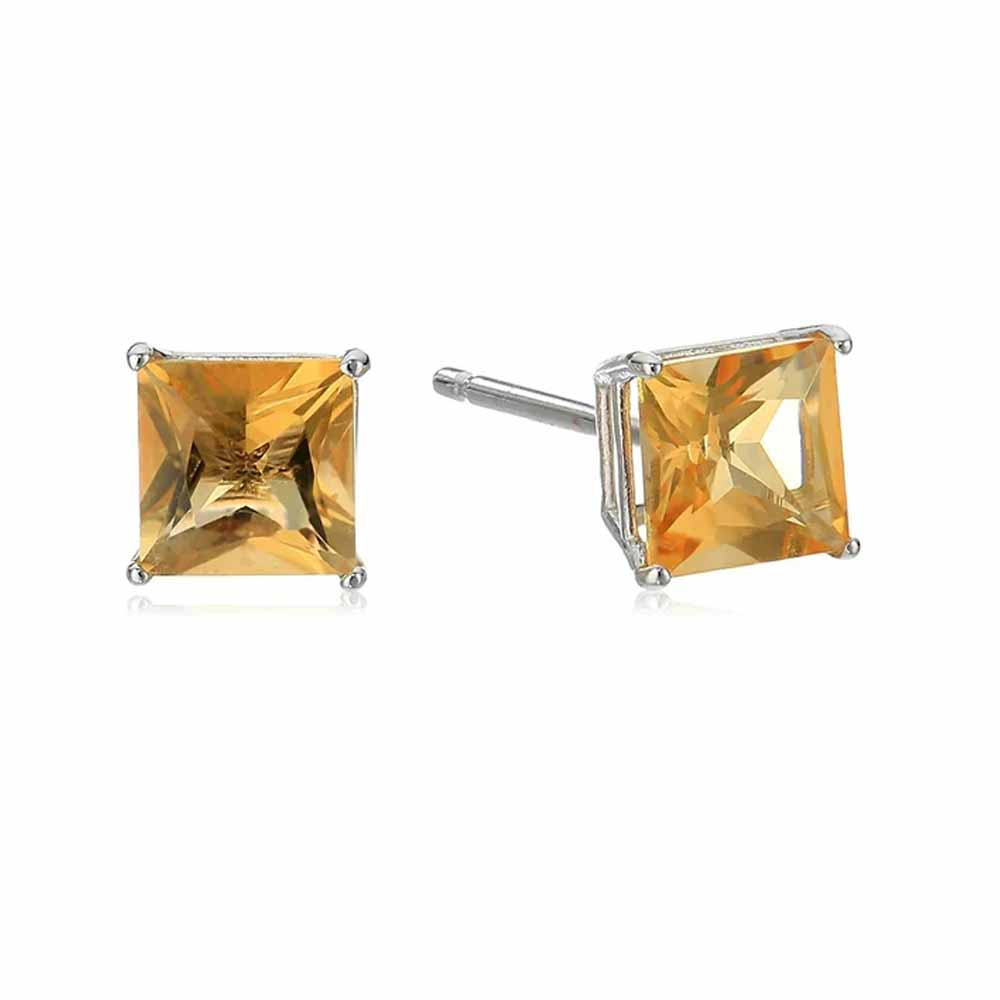 DiamondX 14k White Gold Push Back Princess Created Citrine Sapphire Stud Earrings 4mm