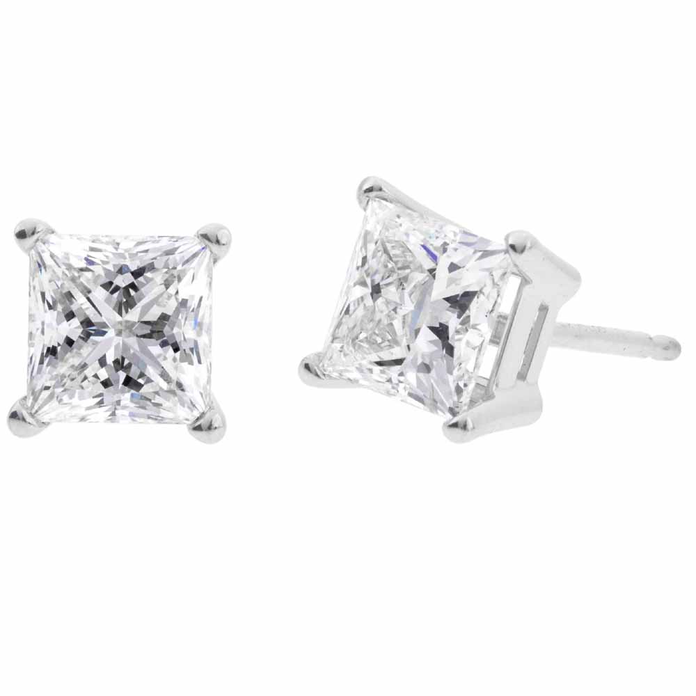 DiamondX 14k White Gold Push Back Princess Created Diamond Stud Earrings 3mm