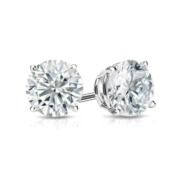 14K White Solid Gold White Diamond Round Stud Earrings 4mm