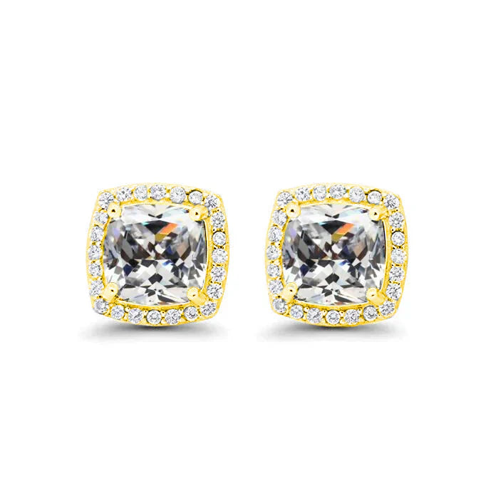 DiamondX 18k Yellow Gold 1 Carat Created Halo Princess Sapphire Birthstone Stud Earrings All Colors Plated