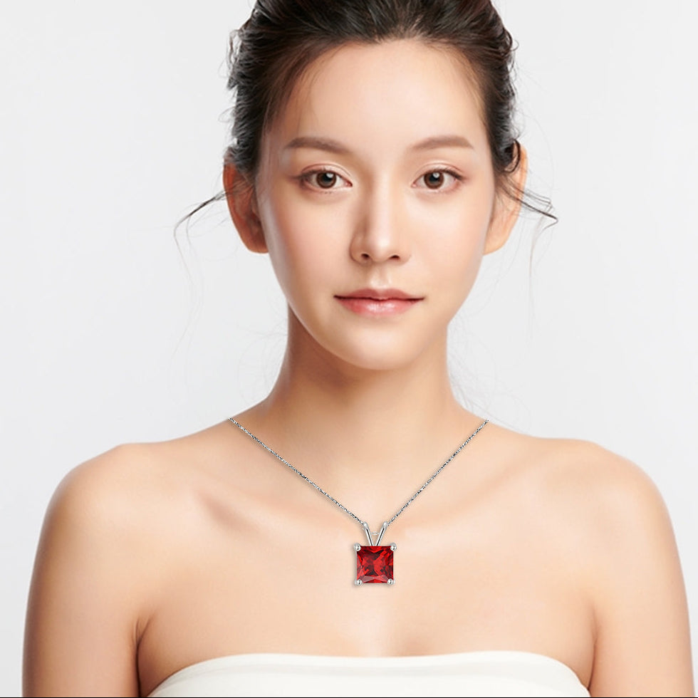 18K White Gold 4 Carat Created Ruby Princess Stud Necklace Plated 18 inch