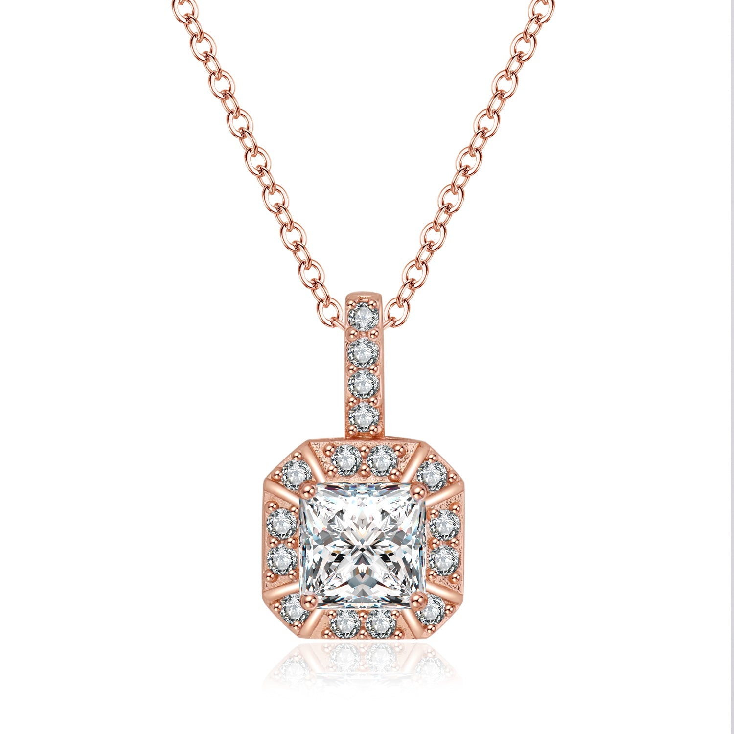 DiamondX 18K Rose Gold 1ct Halo White Sapphire Square 18 Inch Necklace Plated