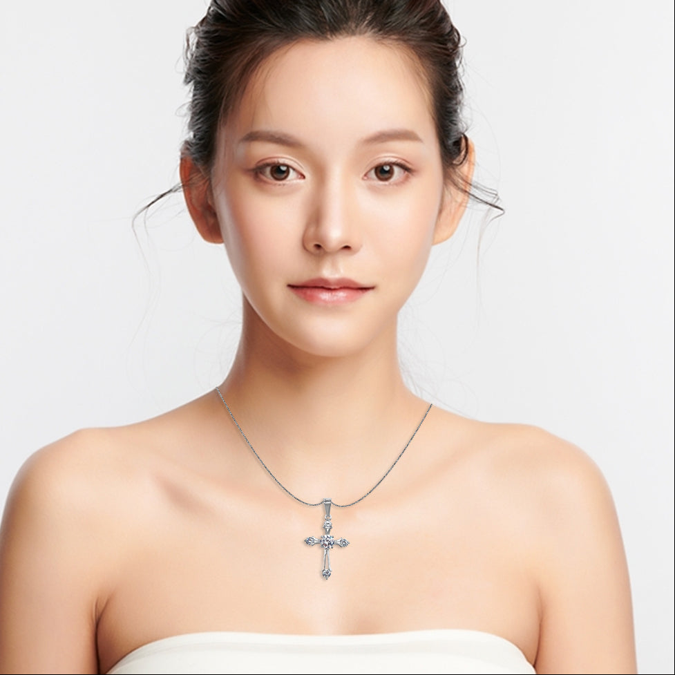 18K White Gold 1/2 ct Created Diamond Cross Stud Necklace Plated 18 inch