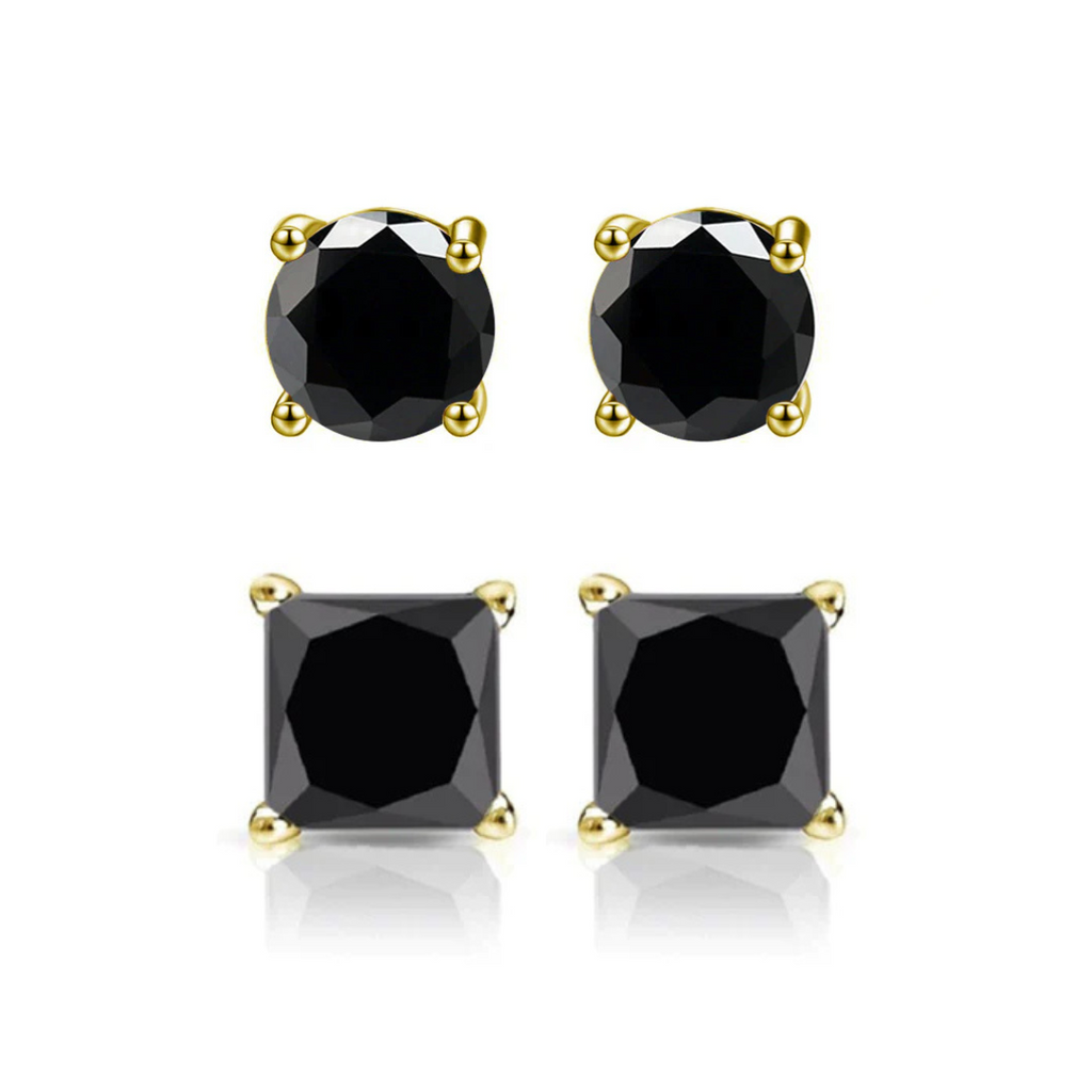 DiamondX 14K Yellow Solid Gold Created Black Diamond 1/4Ct, 1/2Ct, 1Ct, 2Ct, 3CT Round and Princess Stud Earrings 2 Pairs