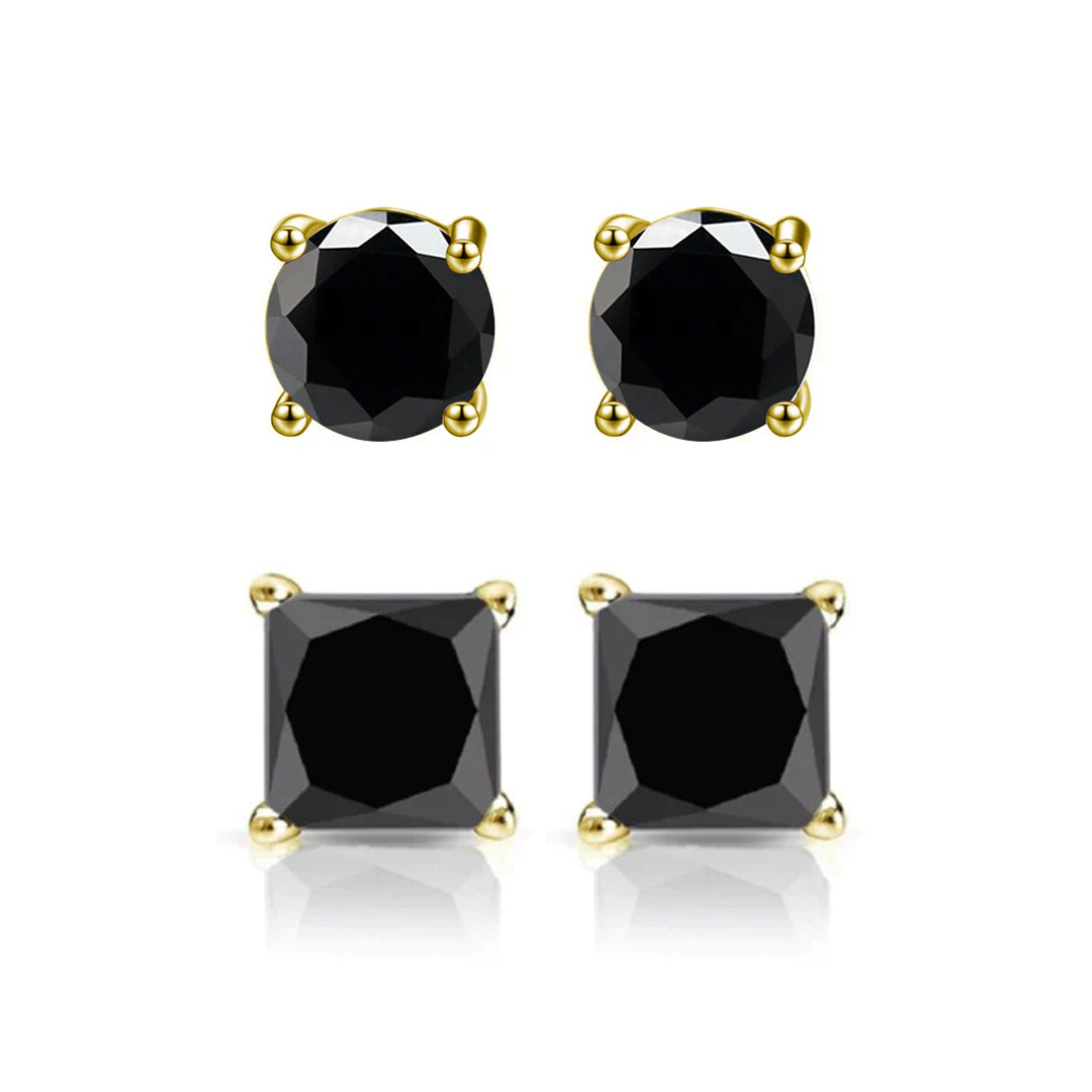 DiamondX 14K Yellow Solid Gold Created Black Diamond 1/4Ct, 1/2Ct, 1Ct, 2Ct, 3CT Round and Princess Stud Earrings 2 Pairs