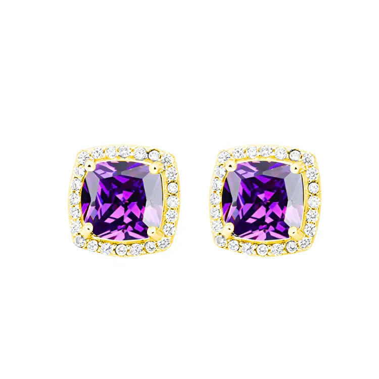 DiamondX 18k Yellow Gold 1 Carat Created Halo Princess Sapphire Birthstone Stud Earrings All Colors Plated