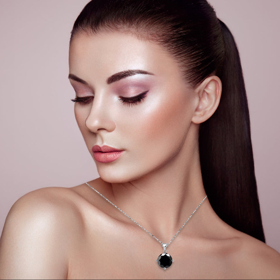 18K White Gold 1/2 Carat Created Black Sapphire Round Stud Necklace Plated 18 inch
