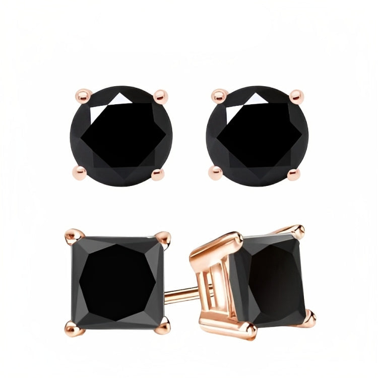 18k Rose Gold 2 Pair Black Moissanite Round & Princess Cut Stud Earrings Plated 4mm By DiamondX