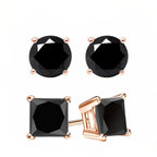 18k Rose Gold 2 Pair Black Moissanite Round & Princess Cut Stud Earrings Plated 4mm By DiamondX