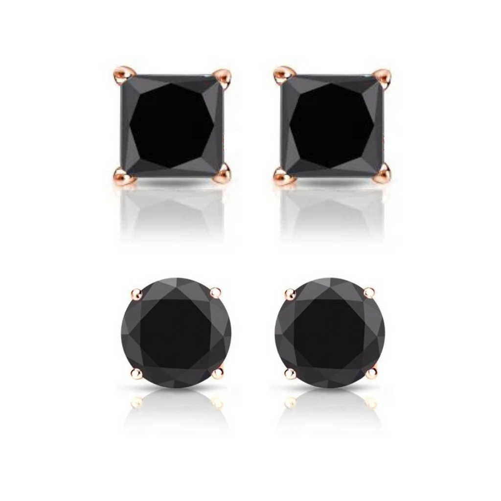 DiamondX 14K Rose Solid Gold Created Black Diamond 1/4Ct, 1/2Ct, 1Ct, 2Ct, 3Ct Round and Princess Stud Earrings 2 Pairs