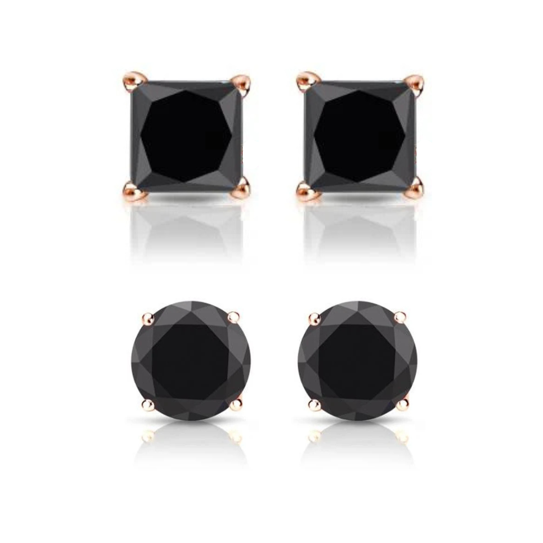 DiamondX 14K Rose Solid Gold Created Black Diamond 1/4Ct, 1/2Ct, 1Ct, 2Ct, 3Ct Round and Princess Stud Earrings 2 Pairs
