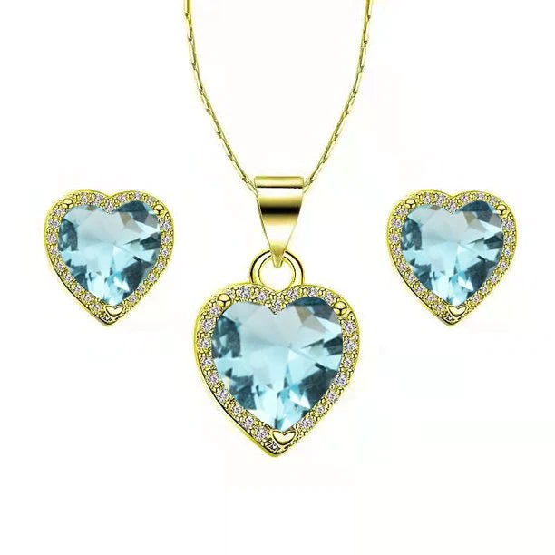 DiamondX 18k Yellow Gold Plated Heart 4 Carat Created Aquamarine Full Set Necklace, Earrings 18 Inch