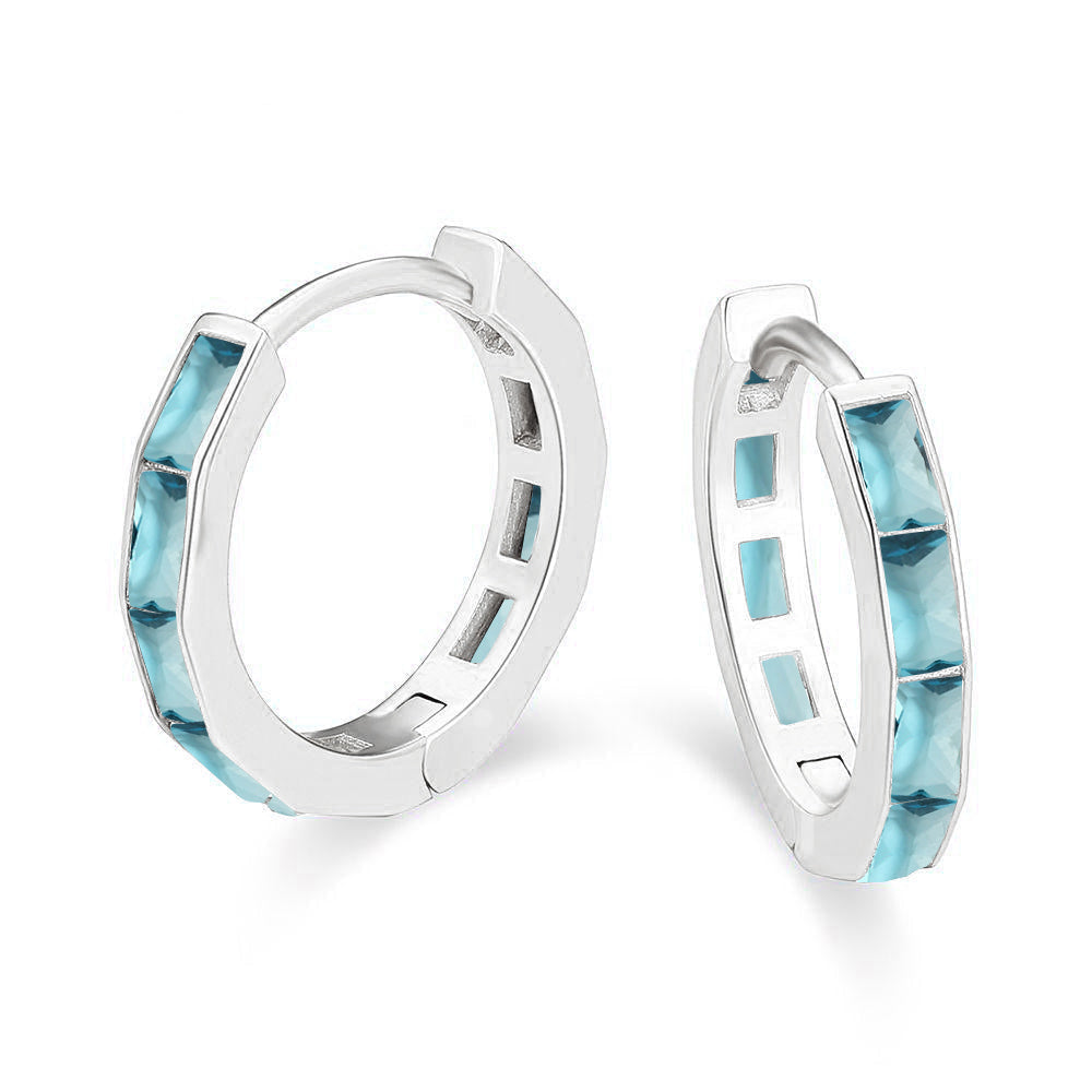 DiamondX 18K White Gold Created Aqua 3Ct Emerald Cut Huggie Hoop Earrings Plated