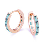 DiamondX 18K Rose Gold Created Aqua 3Ct Emerald Cut Huggie Hoop Earrings Plated