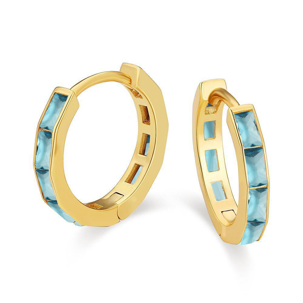 DiamondX 18K Yellow Gold Created Aqua 3Ct Emerald Cut Huggie Hoop Earrings Plated