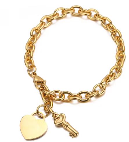 DiamondX 18k Yellow Gold Shiny Heart & Key Charm Toggle Bracelet Plated