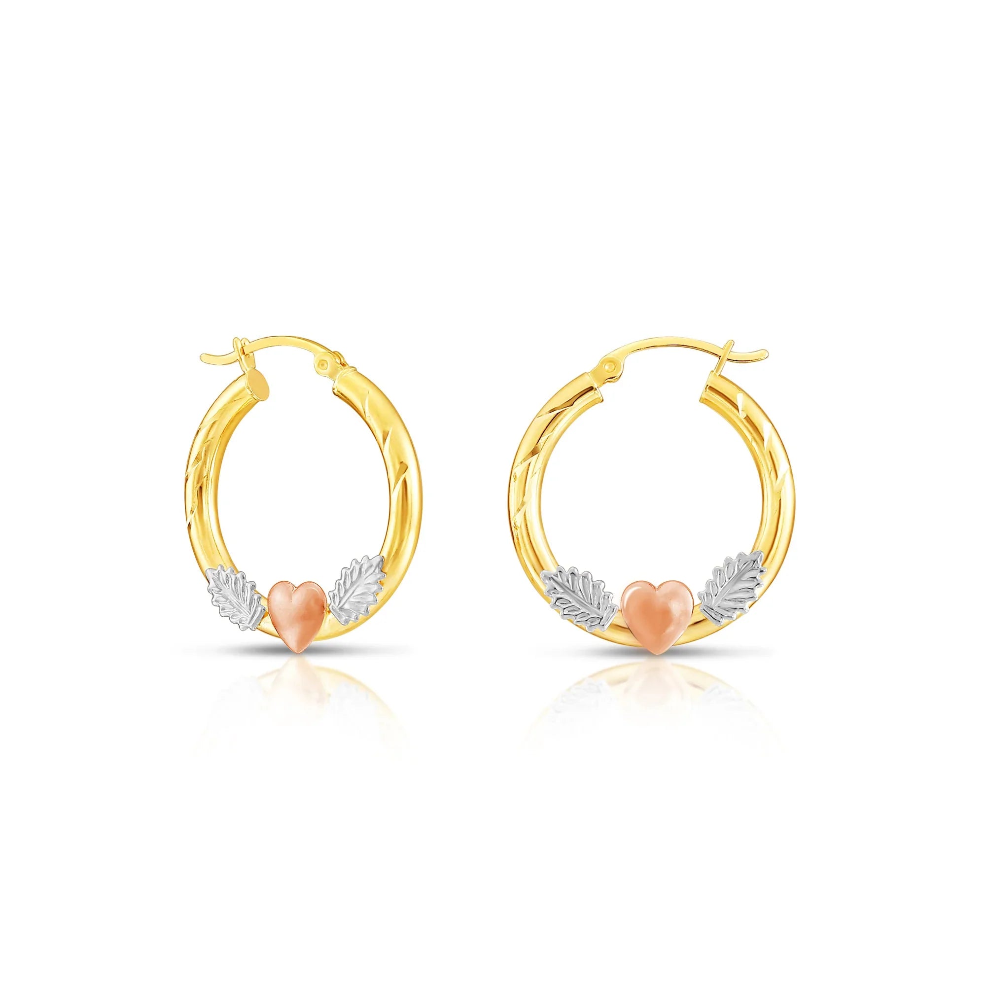14k Tri Color Gold Hoop with Hearts and Diamond Cut