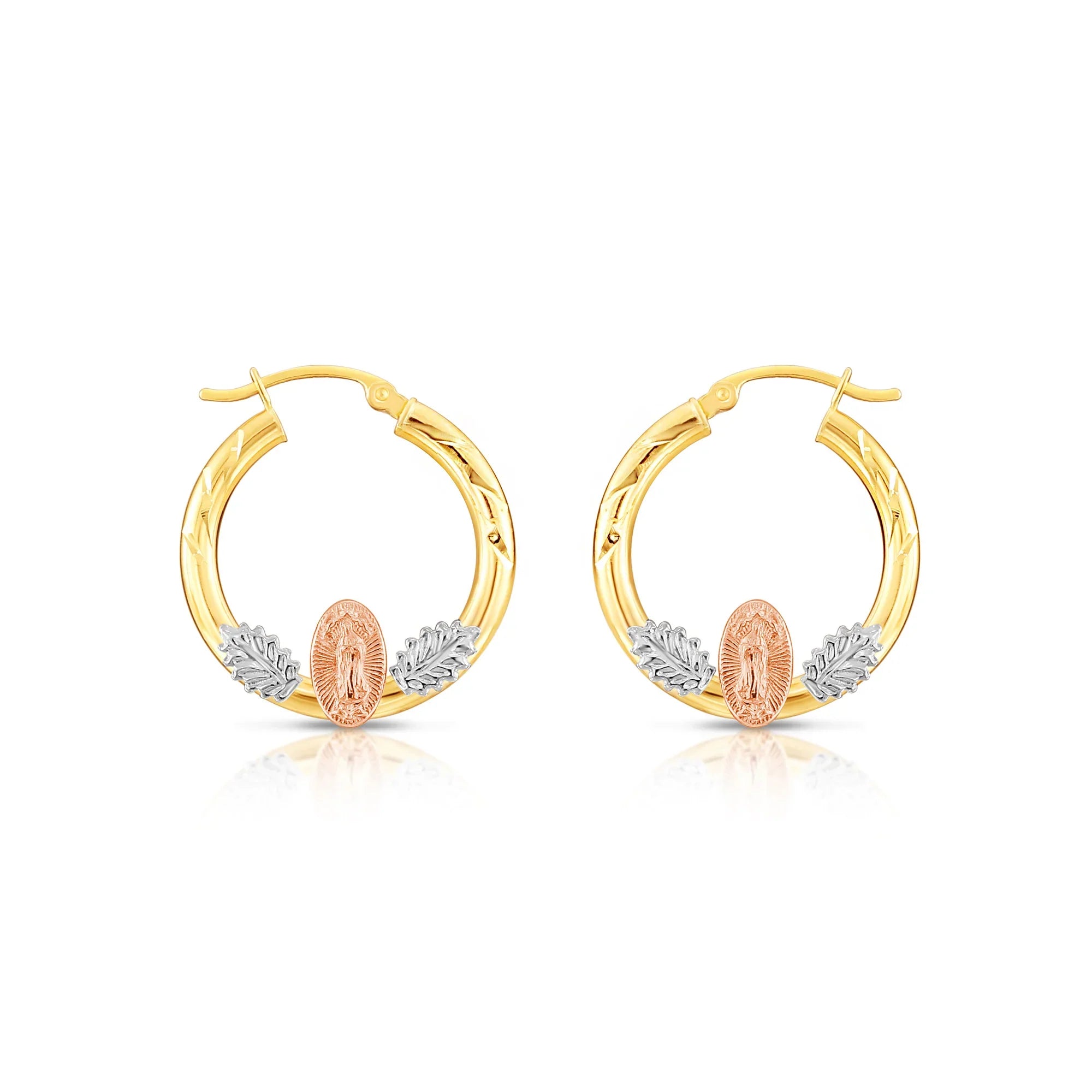 14k Tri Color Gold Hoop with Guadeloupe and Diamond Cut