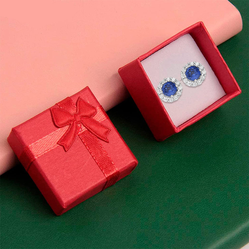 10k White Gold 2 Ct Round Created Blue Sapphire CZ Halo Stud Earrings Plated