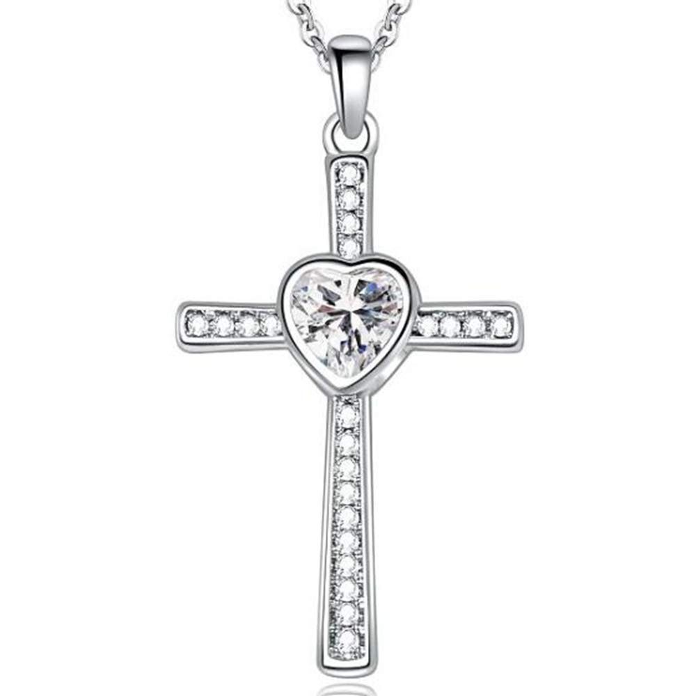 DiamondX 18K White Gold 4Ct Love Heart & Cross Necklace For Women Plated