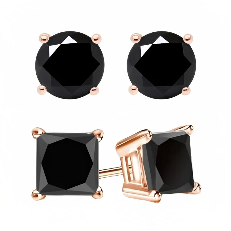 18k Rose Gold 2 Pair Black Moissanite Round & Princess Cut Stud Earrings Plated 6mm By DiamondX
