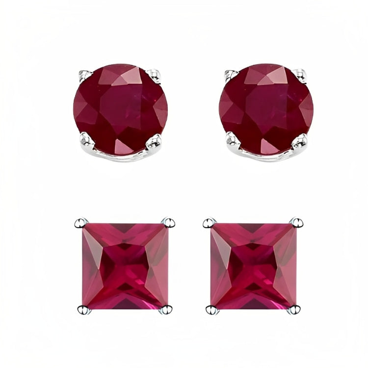 DiamondX 18k White Gold 2 Pair Created Ruby 4mm Round & Princess Cut Stud Earrings Plated